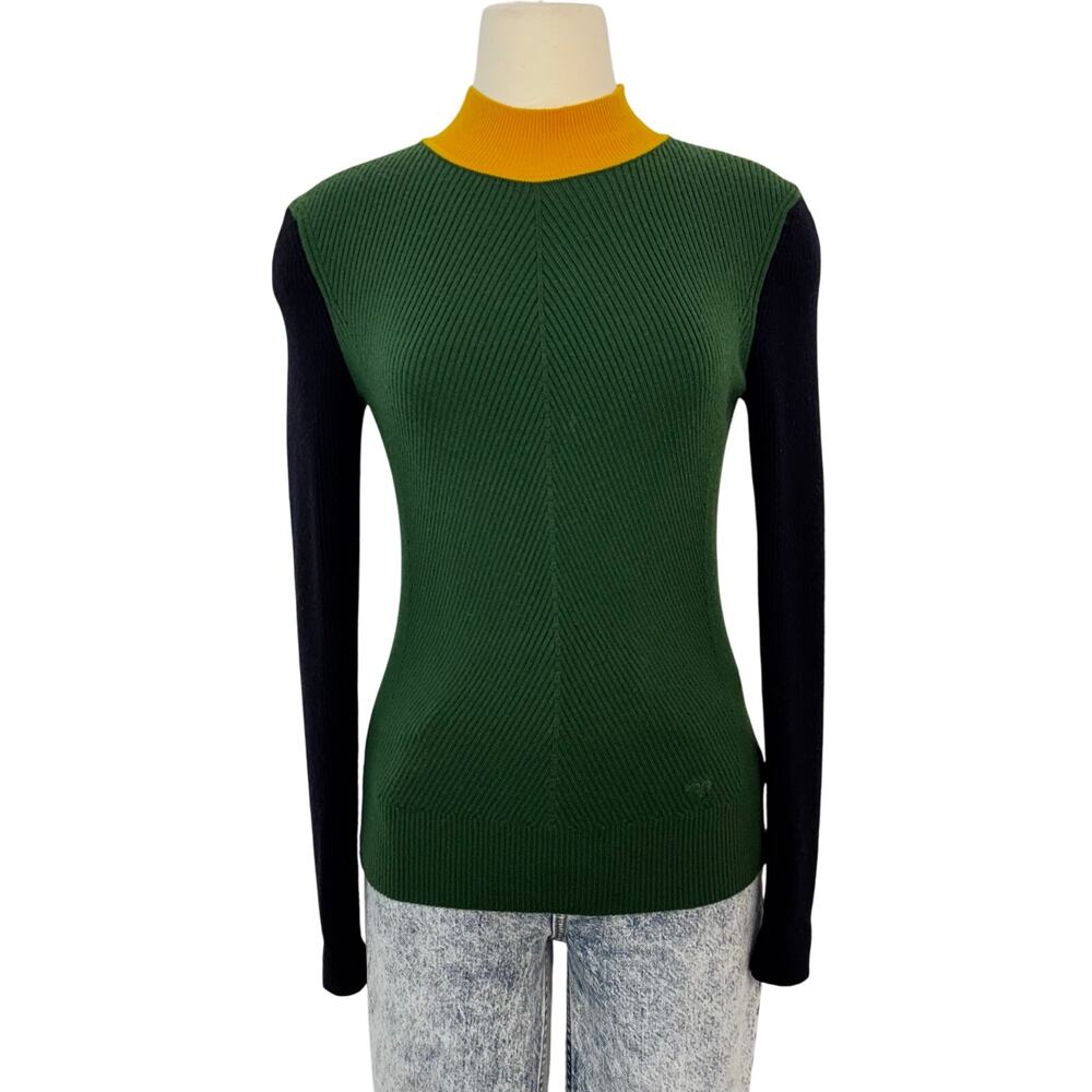 Tory Burch Merino Wool Mock Neck Sweater Pullover Long Sleeve Green Colorblock S